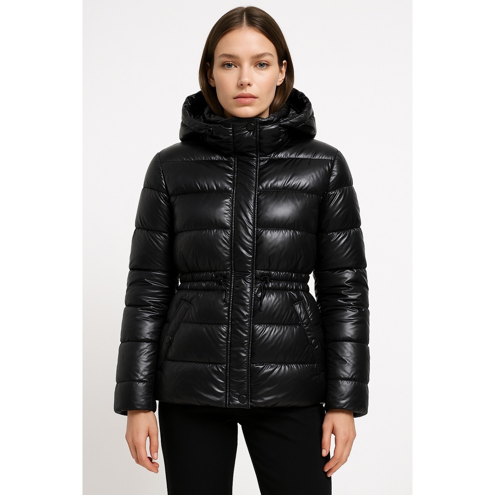 Zara‎ Woman Down Jacket Puffer Coat Black Hooded Drawstring Waist Pockets
Size S